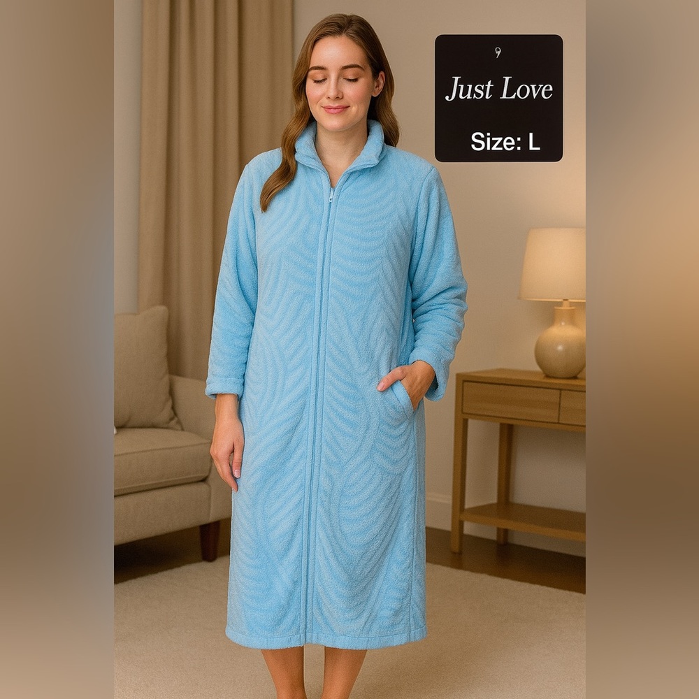Just Love Light Blue Zip Front Plush Robe Size L NWT